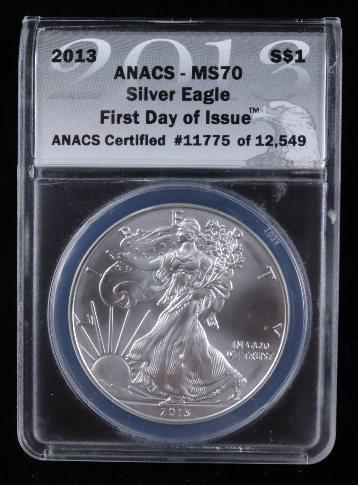 2013 American Silver Eagle $1 One Dollar Coin - First Day of Issue, Black Eagle Label (ANACS MS70) at PristineAuction.com 2013 American Silver Eagle $1 One Dollar Coin - First Day of Issue, Black Eagle Label (ANACS MS70) at PristineAuction.com