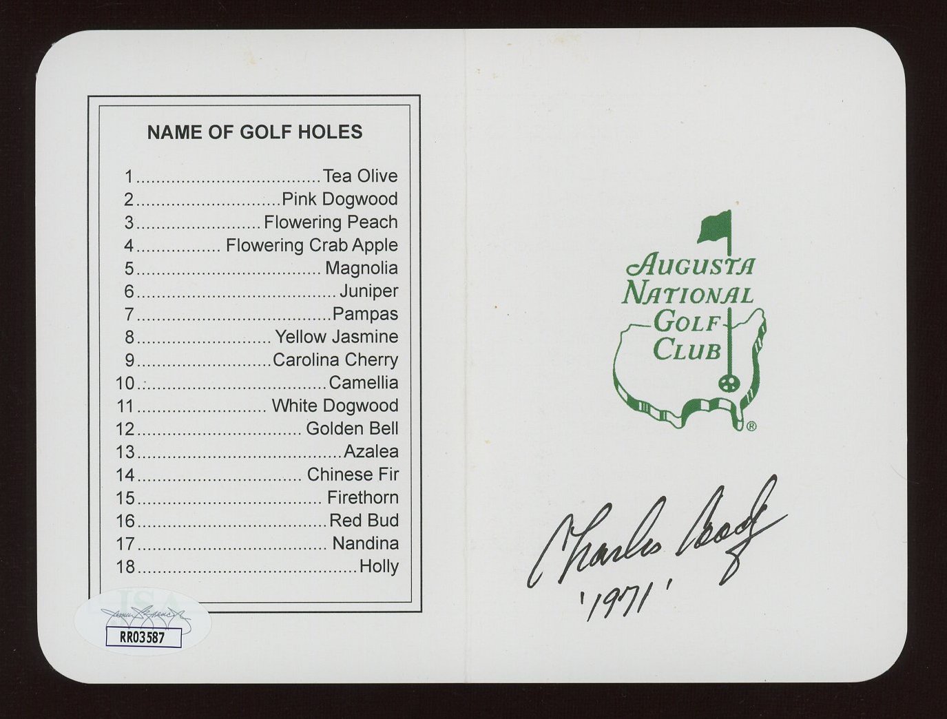 Charles Coody Signed Augusta National Golf Club Score Card Inscribed "'1971" (JSA COA) at PristineAuction.com Charles Coody Signed Augusta National Golf Club Score Card Inscribed "'1971" (JSA COA) at PristineAuction.com