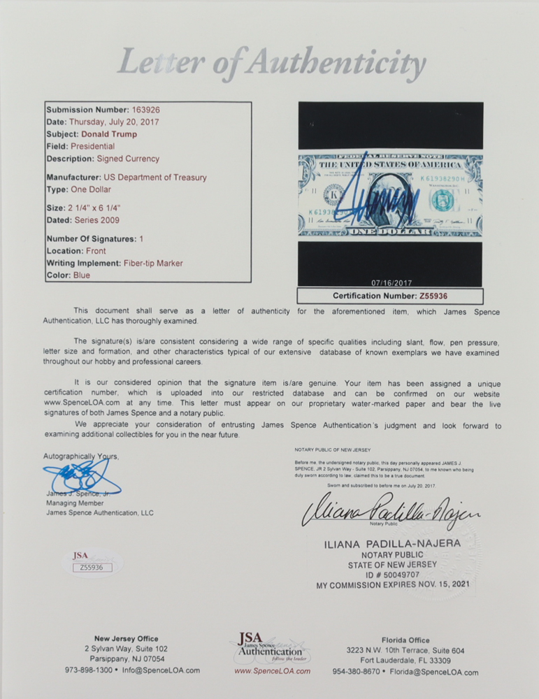 Donald Trump Signed $1 One Dollar Bill (JSA LOA) at PristineAuction.com Donald Trump Signed $1 One Dollar Bill (JSA LOA) at PristineAuction.com