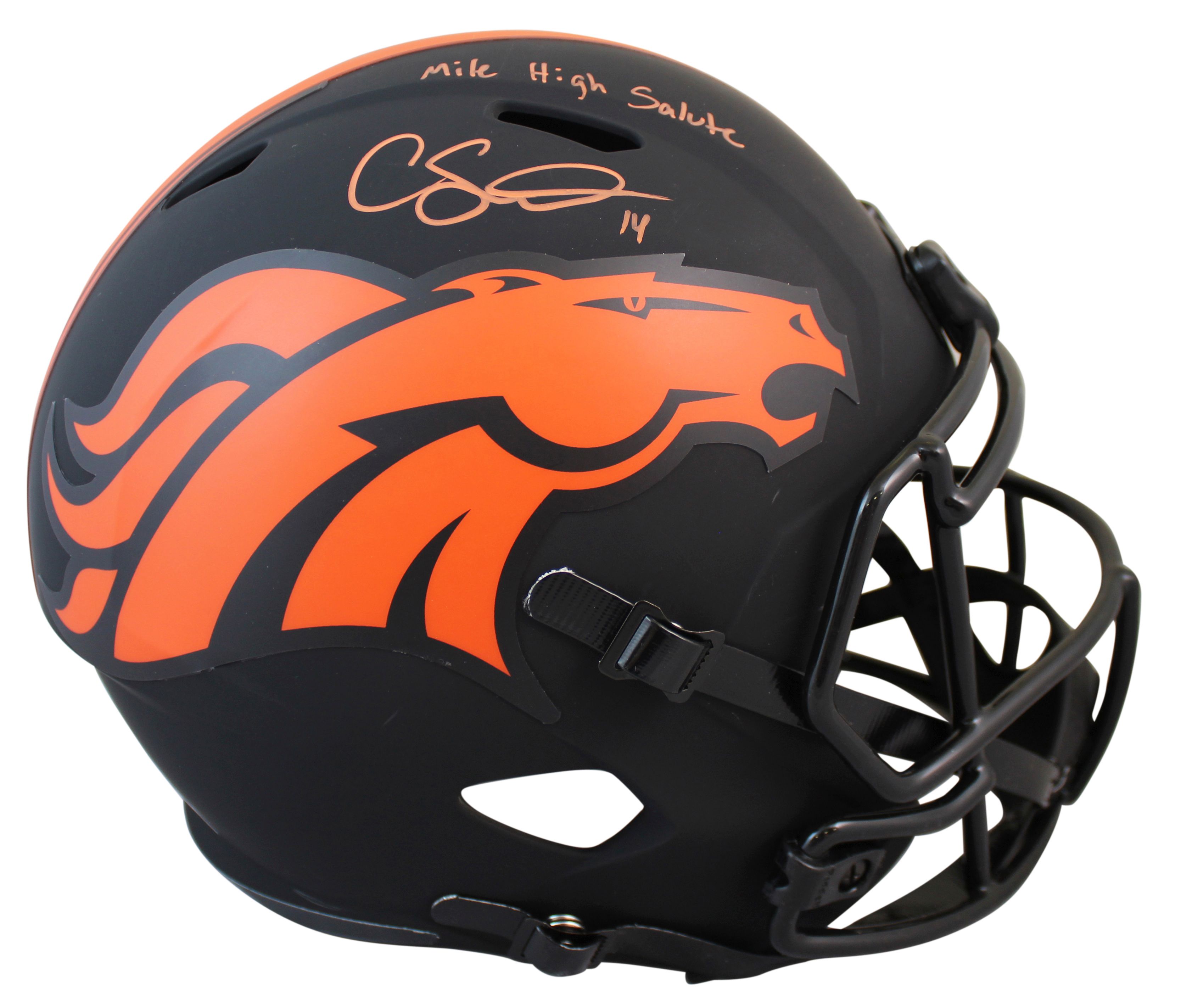 Courtland Sutton Signed Broncos Full-Size Eclipse Alternate Speed Helmet Inscribed "Mile High Salute" (Beckett) at PristineAuction.com Courtland Sutton Signed Broncos Full-Size Eclipse Alternate Speed Helmet Inscribed "Mile High Salute" (Beckett) at PristineAuction.com