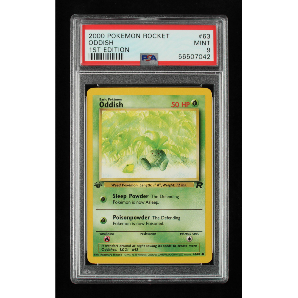 first edition oddish pokemon card Oddish 2000 Pokemon Team Rocket 1st Edition #63 (PSA 9)