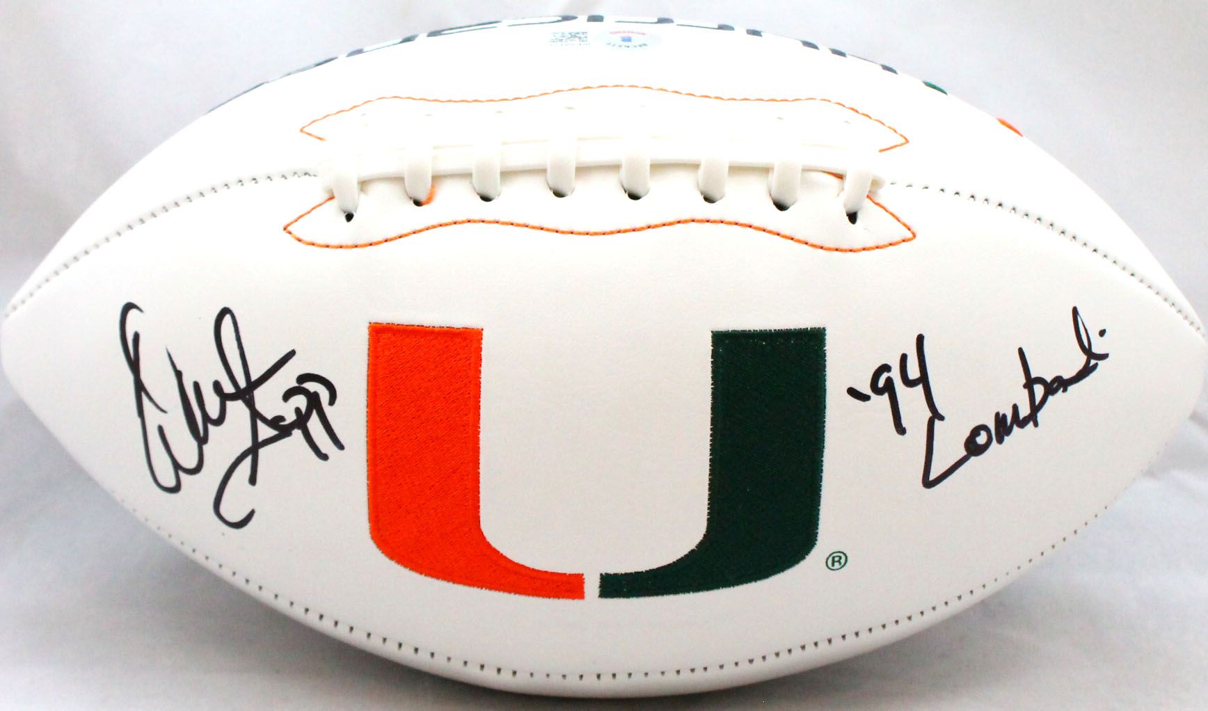 Warren Sapp Signed Miami Hurricanes Logo Football Inscribed "94 Lombardi" (Beckett) at PristineAuction.com Warren Sapp Signed Miami Hurricanes Logo Football Inscribed "94 Lombardi" (Beckett) at PristineAuction.com