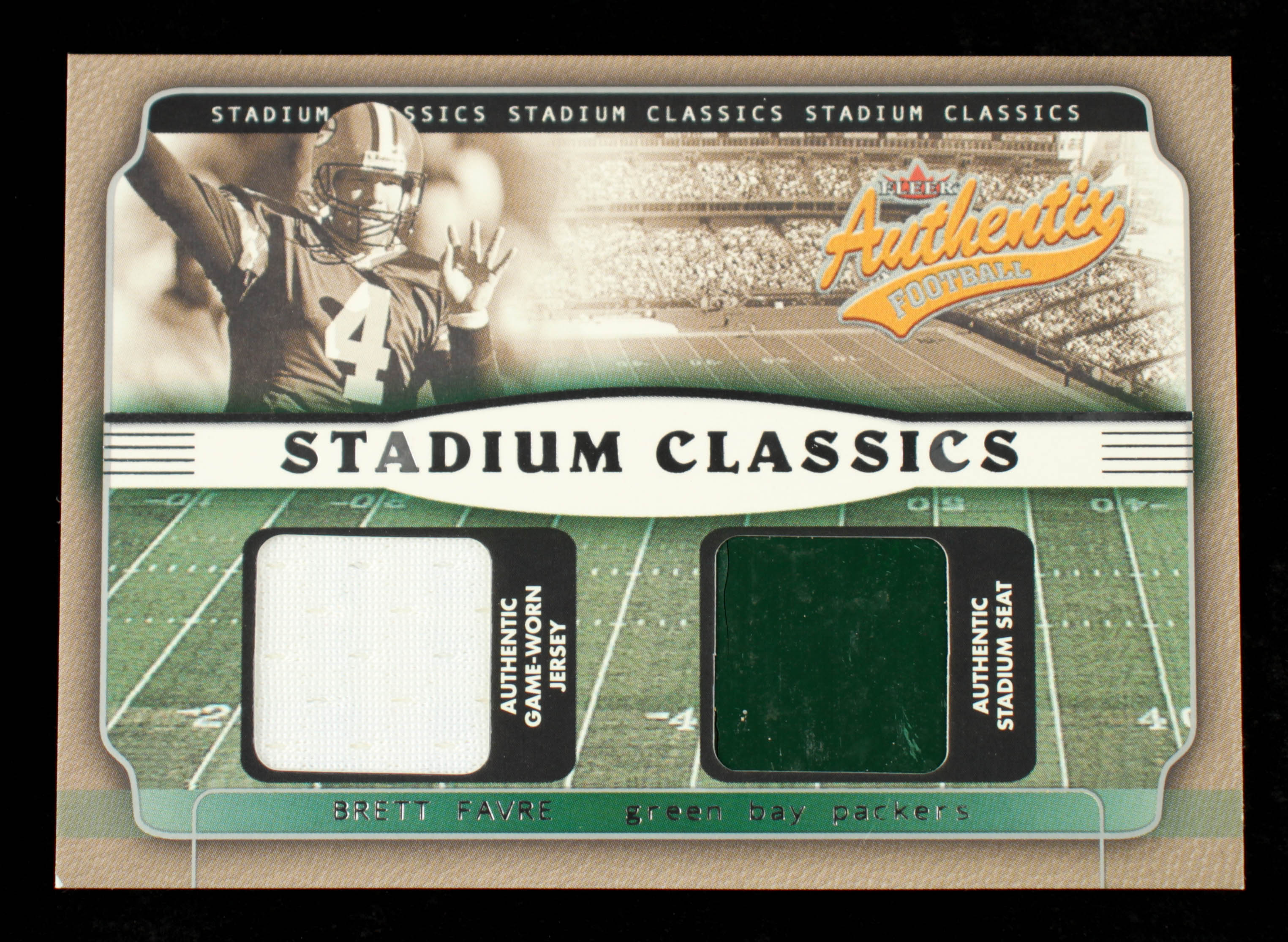 Brett Favre 2002 Fleer Authentix Stadium Classics Memorabilia #SCBF at PristineAuction.com Brett Favre 2002 Fleer Authentix Stadium Classics Memorabilia #SCBF at PristineAuction.com