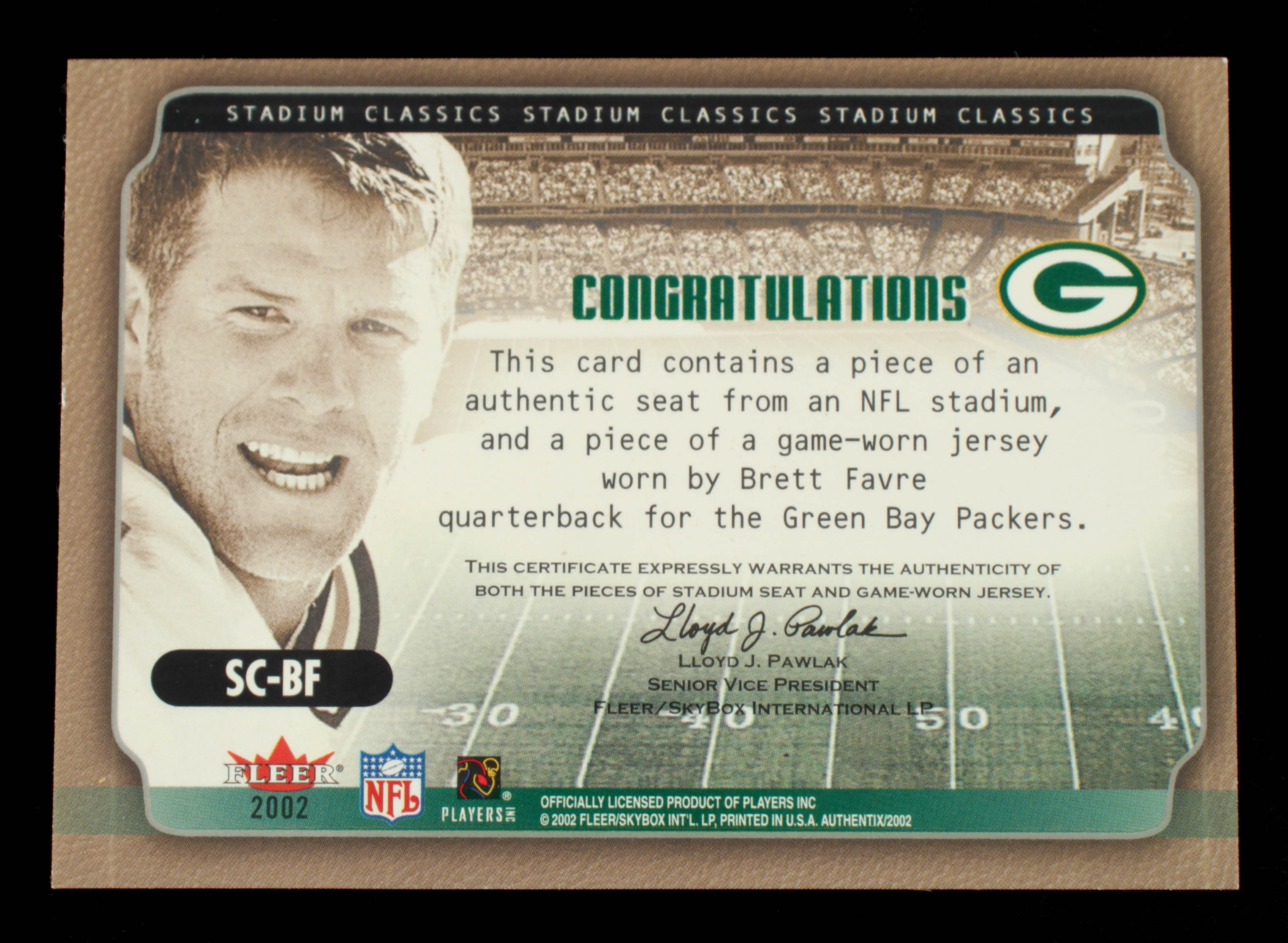 Brett Favre 2002 Fleer Authentix Stadium Classics Memorabilia #SCBF at PristineAuction.com Brett Favre 2002 Fleer Authentix Stadium Classics Memorabilia #SCBF at PristineAuction.com