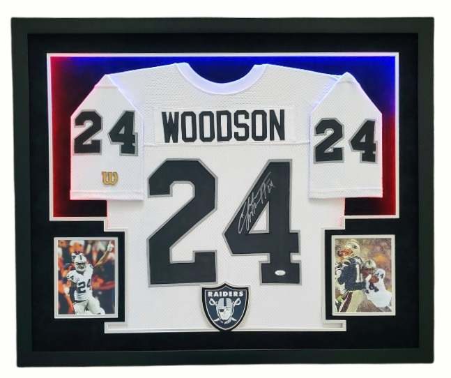 Charles Woodson Signed Raiders 34x44 Custom Framed LED-Backlit Jersey Display (JSA COA) at PristineAuction.com Charles Woodson Signed Raiders 34x44 Custom Framed LED-Backlit Jersey Display (JSA COA) at PristineAuction.com