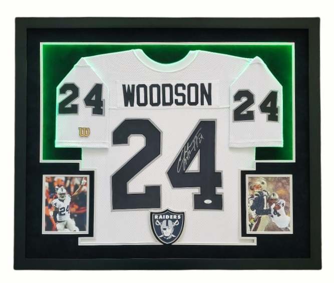 Charles Woodson Signed Raiders 34x44 Custom Framed LED-Backlit Jersey Display (JSA COA) at PristineAuction.com Charles Woodson Signed Raiders 34x44 Custom Framed LED-Backlit Jersey Display (JSA COA) at PristineAuction.com