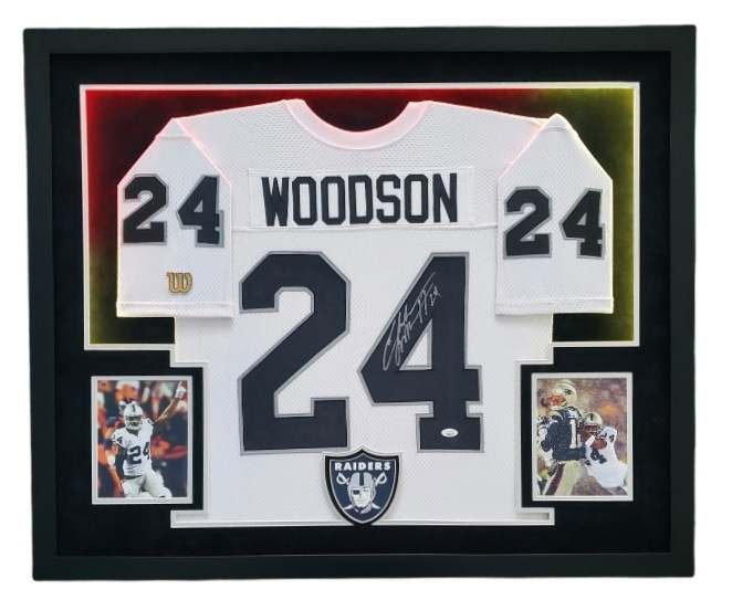 Charles Woodson Signed Raiders 34x44 Custom Framed LED-Backlit Jersey Display (JSA COA) at PristineAuction.com Charles Woodson Signed Raiders 34x44 Custom Framed LED-Backlit Jersey Display (JSA COA) at PristineAuction.com