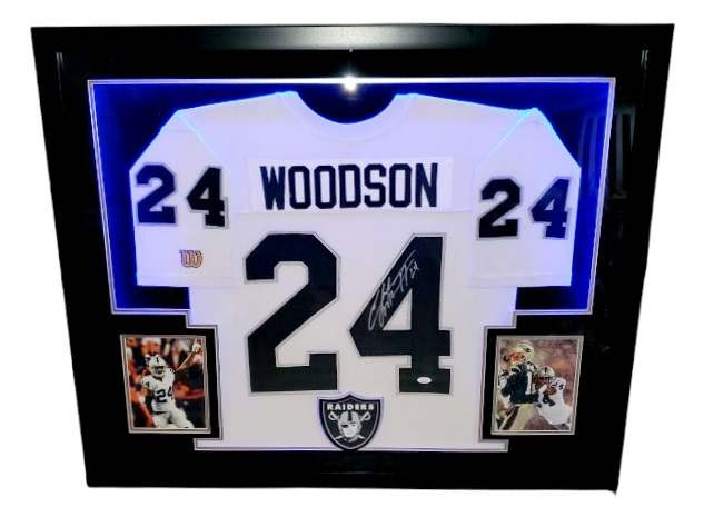 Charles Woodson Signed Raiders 34x44 Custom Framed LED-Backlit Jersey Display (JSA COA) at PristineAuction.com Charles Woodson Signed Raiders 34x44 Custom Framed LED-Backlit Jersey Display (JSA COA) at PristineAuction.com