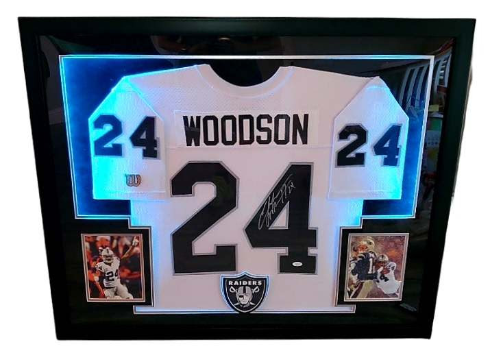 Charles Woodson Signed Raiders 34x44 Custom Framed LED-Backlit Jersey Display (JSA COA) at PristineAuction.com Charles Woodson Signed Raiders 34x44 Custom Framed LED-Backlit Jersey Display (JSA COA) at PristineAuction.com