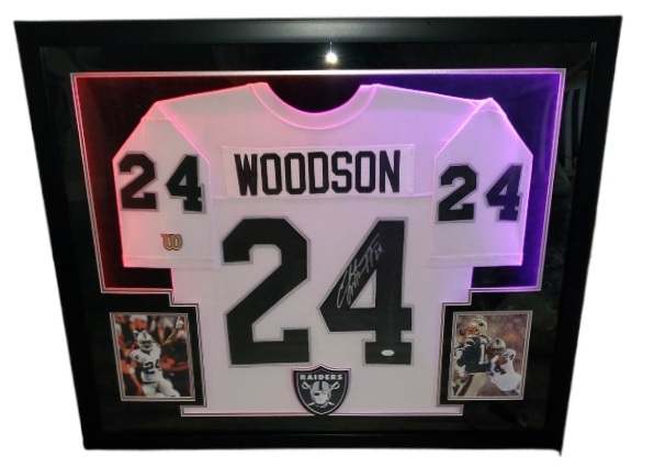 Charles Woodson Signed Raiders 34x44 Custom Framed LED-Backlit Jersey Display (JSA COA) at PristineAuction.com Charles Woodson Signed Raiders 34x44 Custom Framed LED-Backlit Jersey Display (JSA COA) at PristineAuction.com