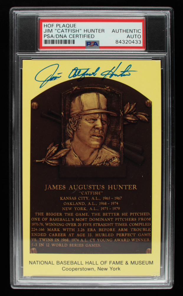 Jim "Catfish" Hunter Signed Hall of Fame Plaque Postcard (PSA