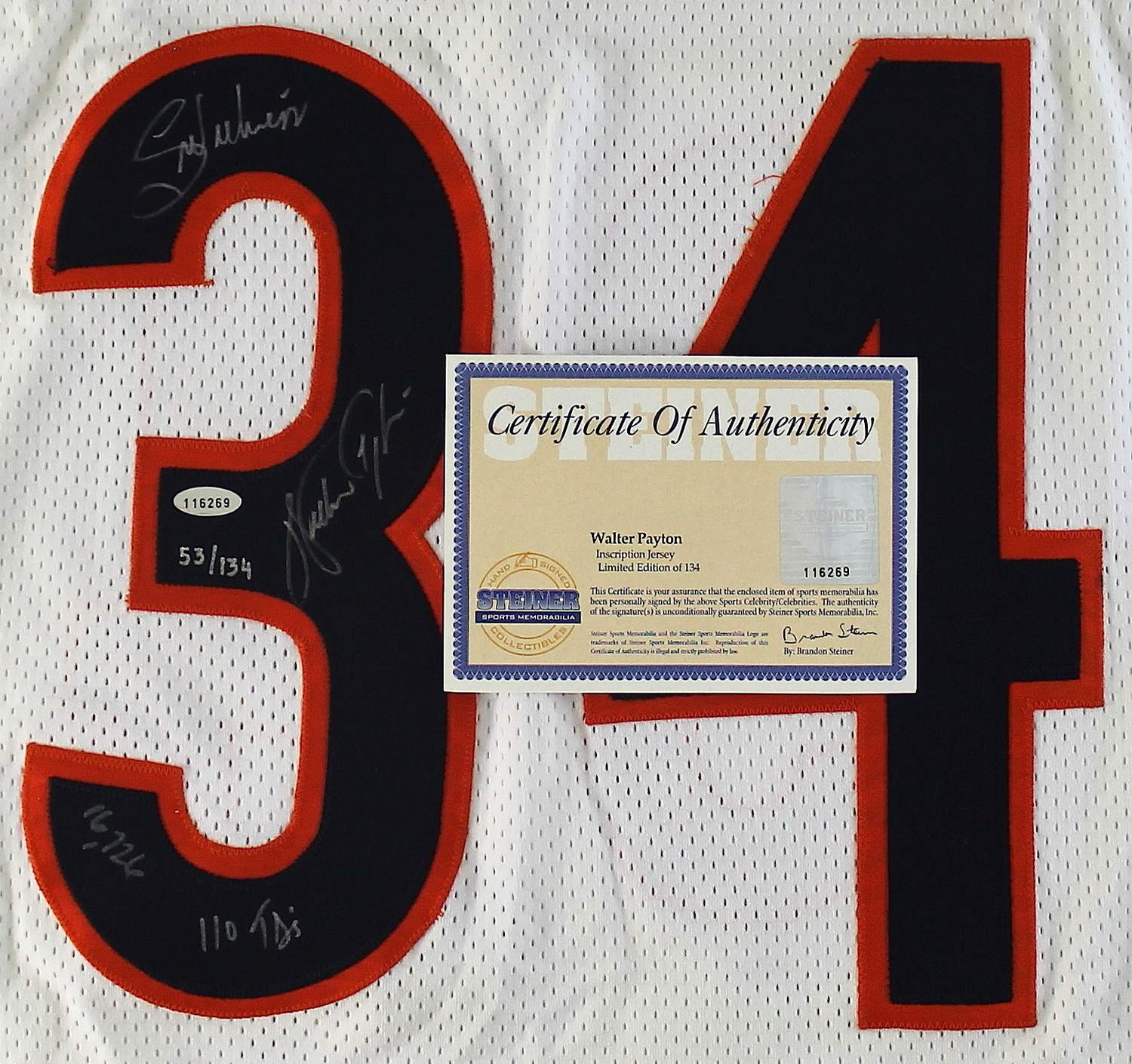 Walter Payton Signed Bears Jersey Inscribed "Sweetness", "16,726", & "110TDs" (Steiner COA) at PristineAuction.com Walter Payton Signed Bears Jersey Inscribed "Sweetness", "16,726", & "110TDs" (Steiner COA) at PristineAuction.com