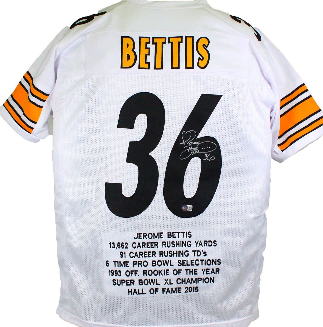 Jerome Bettis Signed Career Highlight Stat Jersey (Beckett) at PristineAuction.com Jerome Bettis Signed Career Highlight Stat Jersey (Beckett) at PristineAuction.com