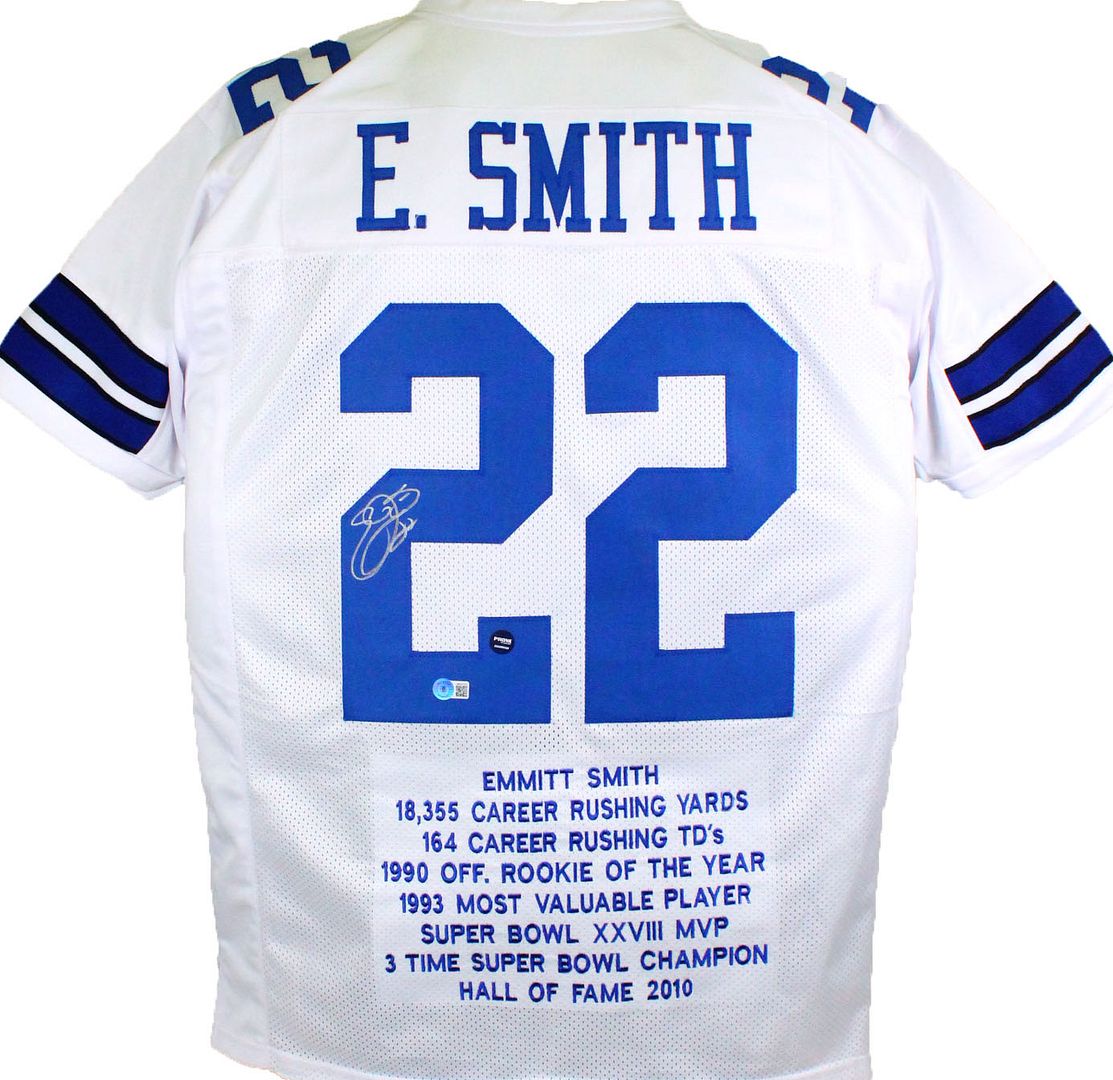 Emmitt Smith Signed Career Highlight Stat Jersey (Beckett Hologram & Prova Hologram) at PristineAuction.com Emmitt Smith Signed Career Highlight Stat Jersey (Beckett Hologram & Prova Hologram) at PristineAuction.com