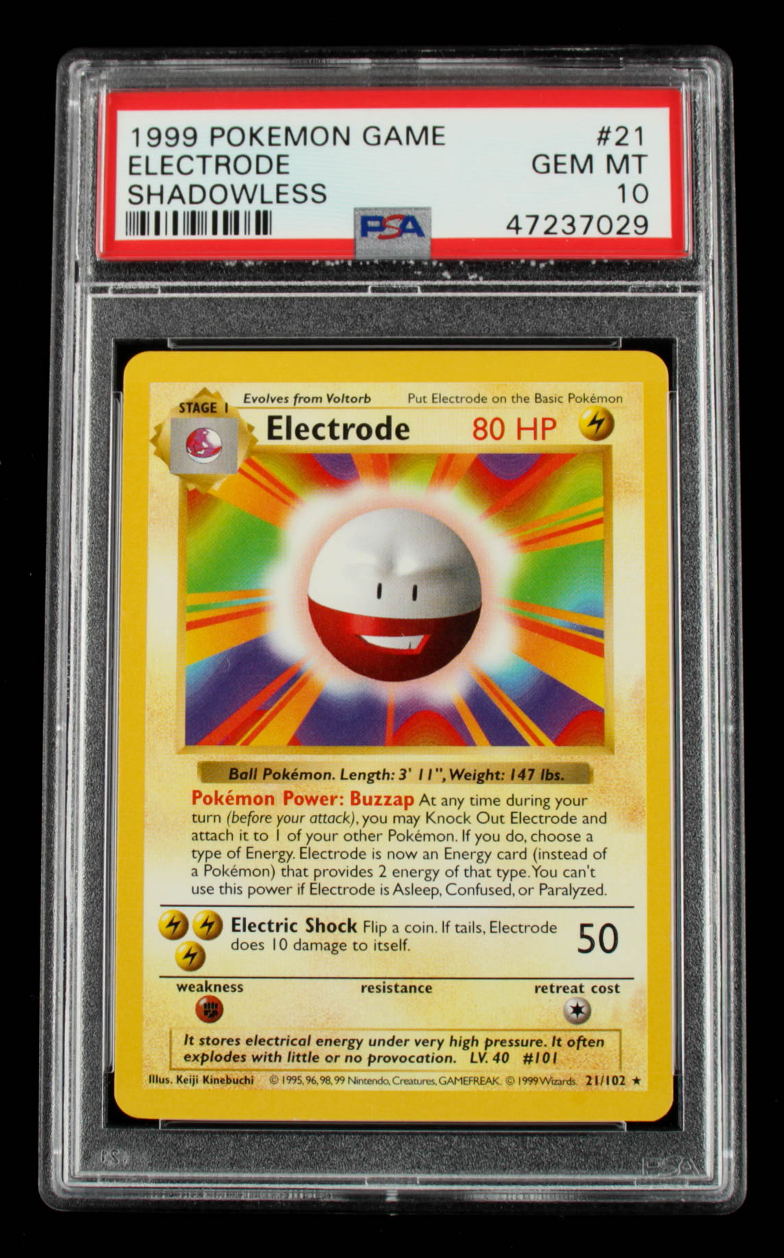 Electrode 1999 Pokemon Base Shadowless #21 (PSA 10) at PristineAuction.com Electrode 1999 Pokemon Base Shadowless #21 (PSA 10) at PristineAuction.com