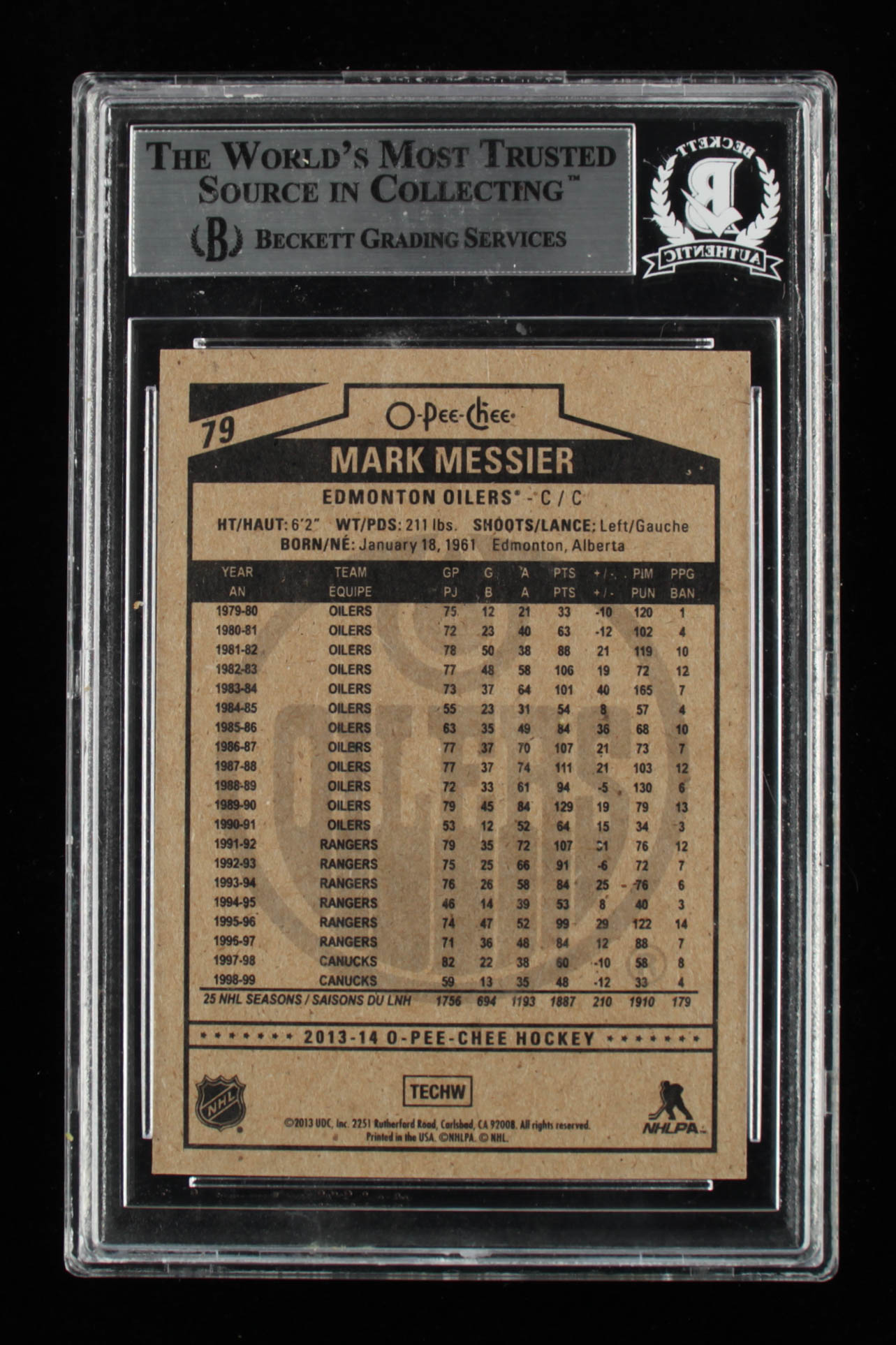 Mark Messier Signed 2013-14 O-Pee-Chee #79 (BGS Encapsulated) at PristineAuction.com Mark Messier Signed 2013-14 O-Pee-Chee #79 (BGS Encapsulated) at PristineAuction.com