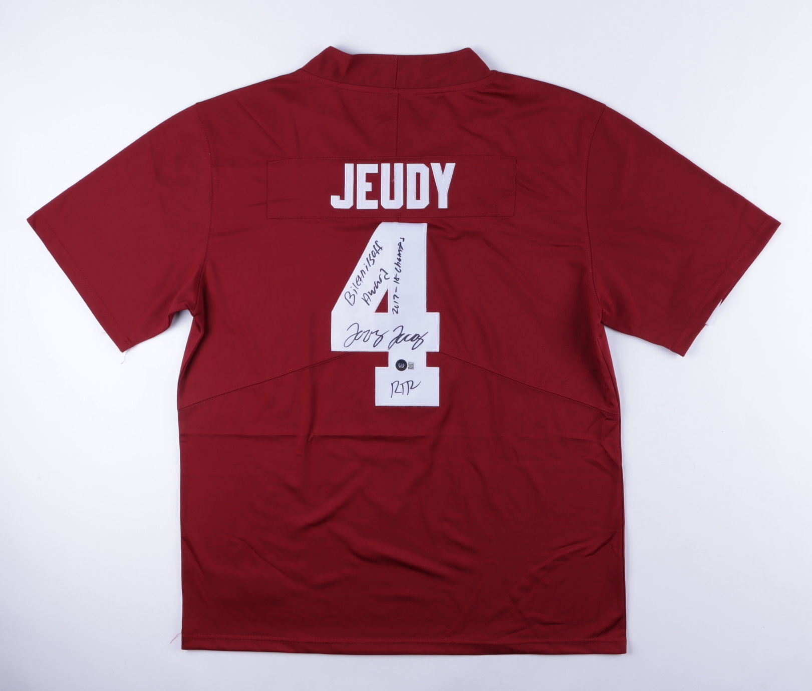 Jerry Jeudy Signed Alabama Crimson Tide Jersey Inscribed "Biletnikoff Award", "RTR" & "2017-18 Champs" (Beckett COA) at PristineAuction.com Jerry Jeudy Signed Alabama Crimson Tide Jersey Inscribed "Biletnikoff Award", "RTR" & "2017-18 Champs" (Beckett COA) at PristineAuction.com