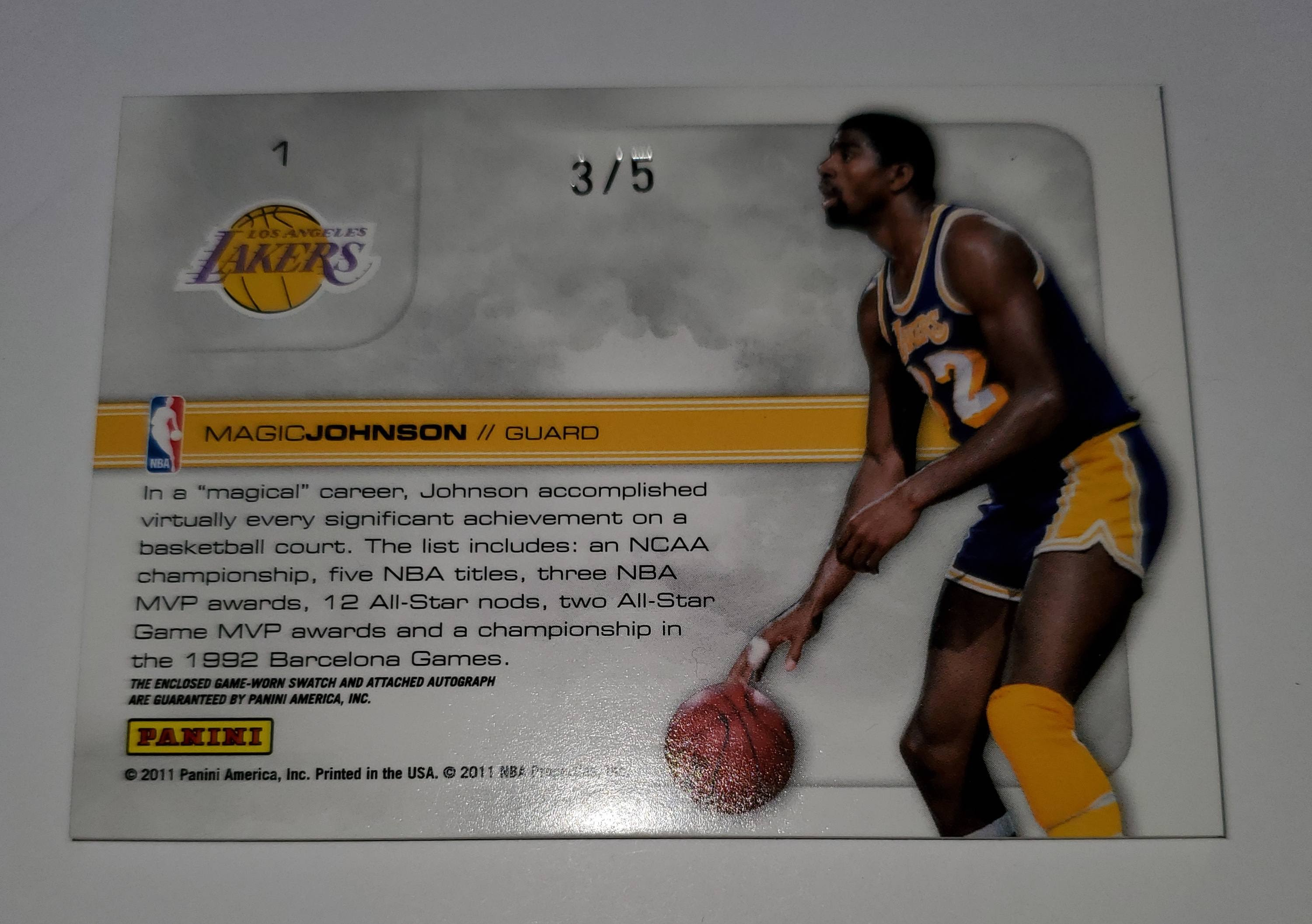 Magic Johnson 2010-11 Absolute Memorabilia Marks of Fame Materials Prime Signatures #1 3/5 at PristineAuction.com Magic Johnson 2010-11 Absolute Memorabilia Marks of Fame Materials Prime Signatures #1 3/5 at PristineAuction.com