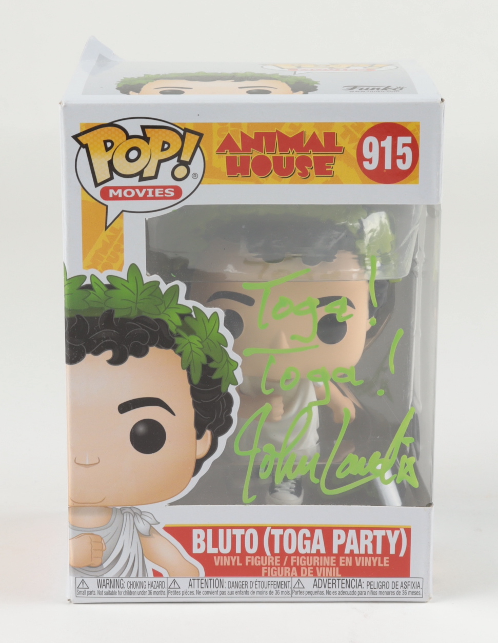 John Landis Signed "Animal House" #915 Bluto (Toga Party) Funko Pop! Vinyl Figure Inscribed "Toga! Toga!" (Beckett COA) (See Description) at PristineAuction.com John Landis Signed "Animal House" #915 Bluto (Toga Party) Funko Pop! Vinyl Figure Inscribed "Toga! Toga!" (Beckett COA) (See Description) at PristineAuction.com
