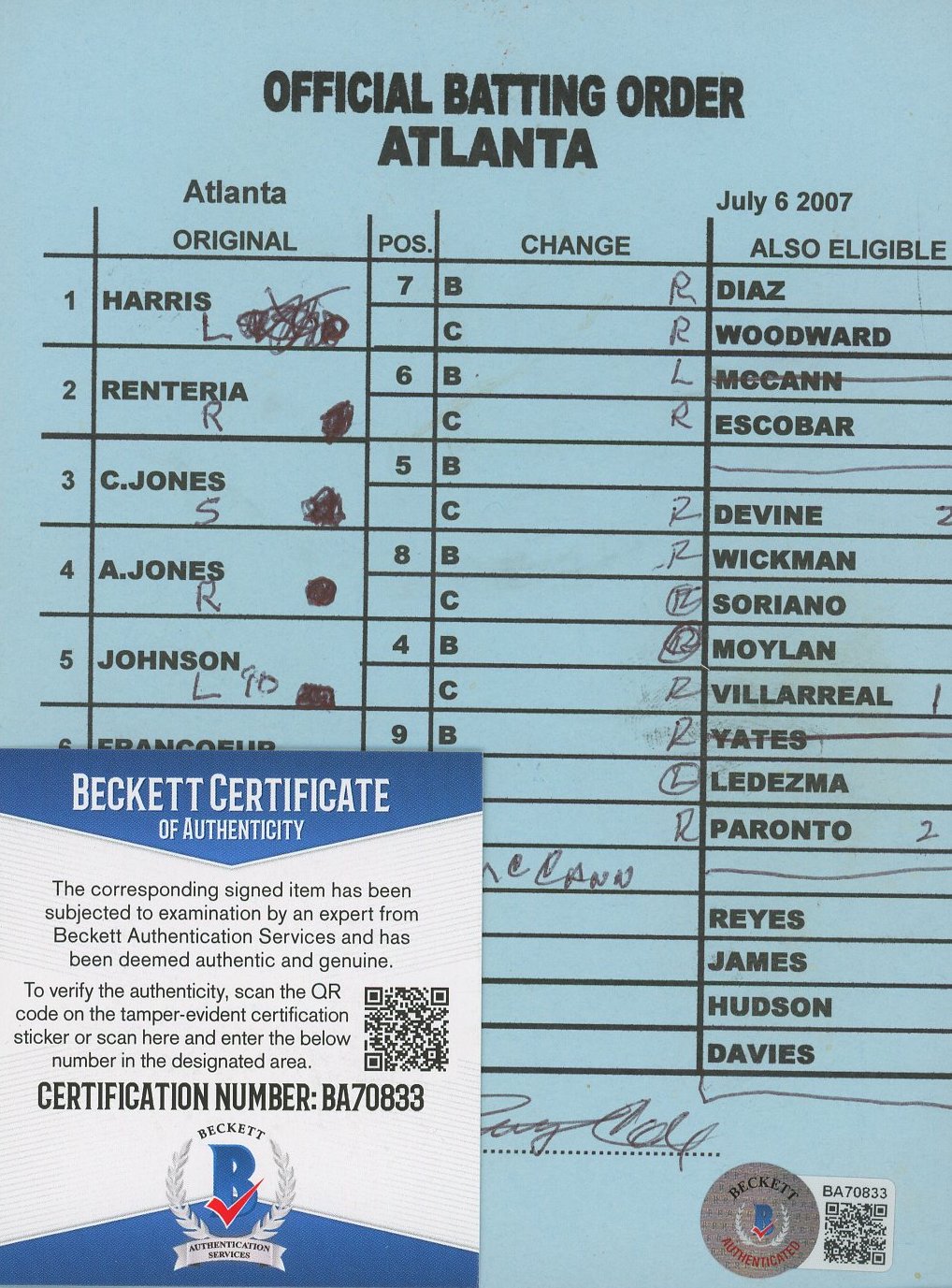 Bobby Cox Signed Braves Batting Order Lineup Card (Beckett COA) at PristineAuction.com Bobby Cox Signed Braves Batting Order Lineup Card (Beckett COA) at PristineAuction.com
