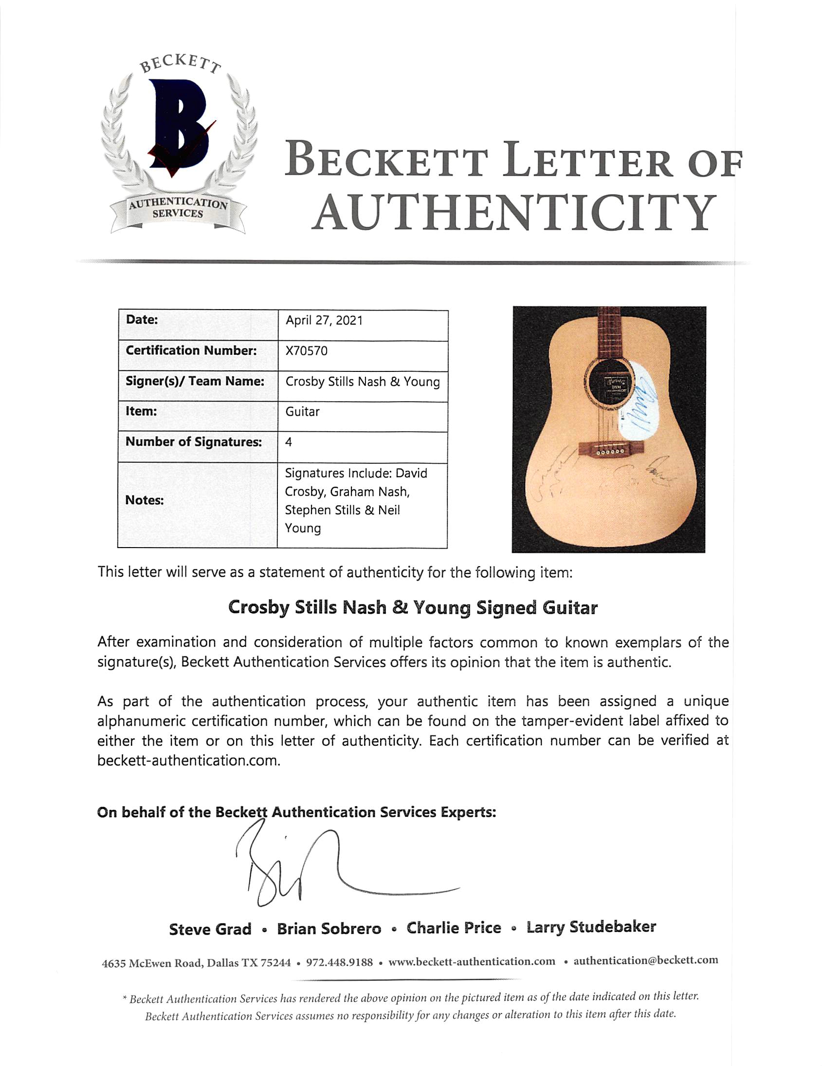 Martin & Co. Acoustic Guitar Band-Signed by David Crosby, Graham Nash, Stephen Stills & Neil Young (Beckett LOA) at PristineAuction.com Martin & Co. Acoustic Guitar Band-Signed by David Crosby, Graham Nash, Stephen Stills & Neil Young (Beckett LOA) at PristineAuction.com