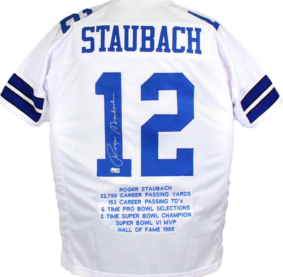 Roger Staubach Signed Career Highlight Stat Jersey (Beckett) at PristineAuction.com Roger Staubach Signed Career Highlight Stat Jersey (Beckett) at PristineAuction.com