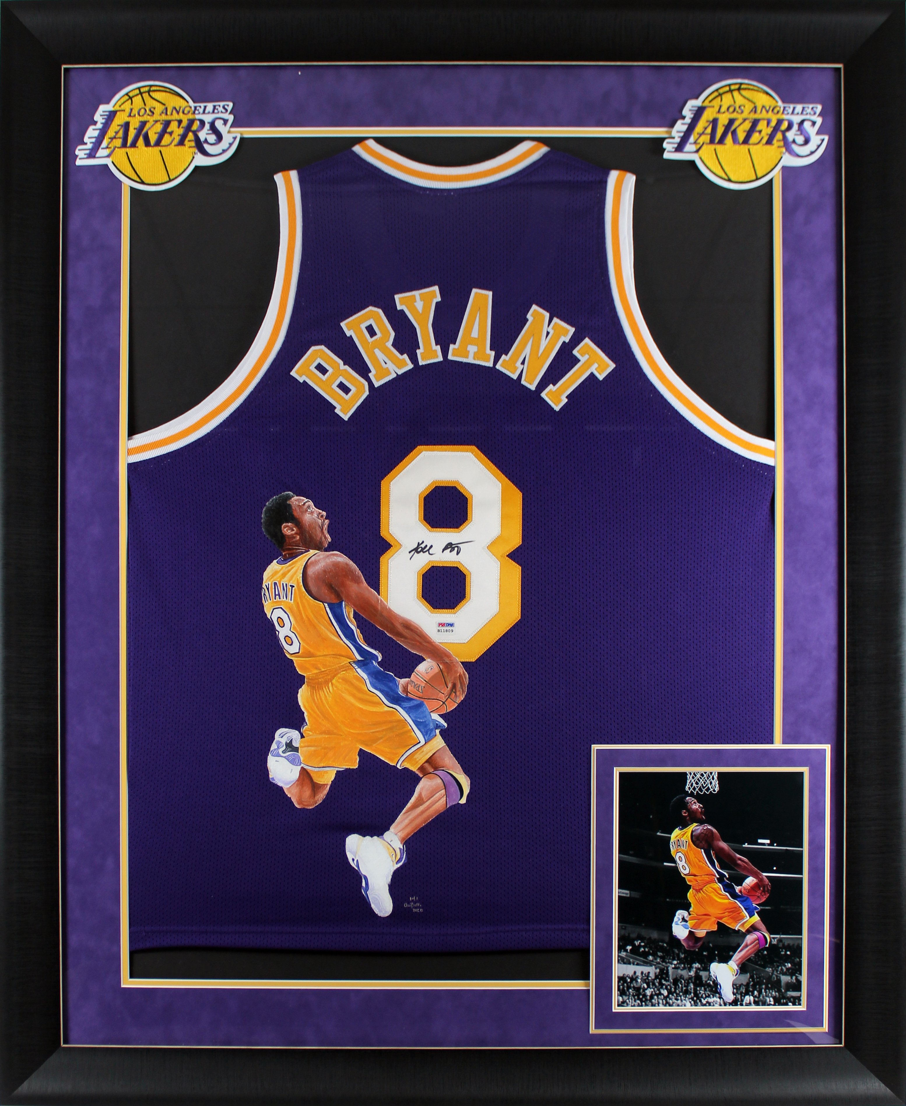 Kobe Bryant Signed 37x45 Custom Framed Jersey Display with Custom Printed Photo (PSA COA) at PristineAuction.com Kobe Bryant Signed 37x45 Custom Framed Jersey Display with Custom Printed Photo (PSA COA) at PristineAuction.com