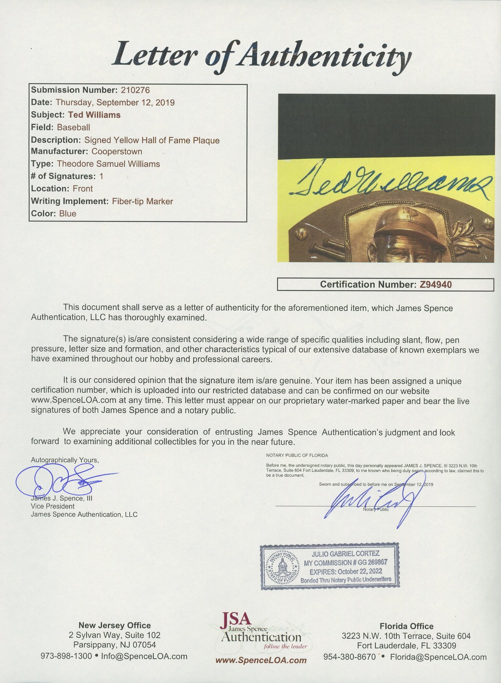 Ted Williams Signed Gold Hall of Fame Plaque Postcard (JSA LOA) at PristineAuction.com Ted Williams Signed Gold Hall of Fame Plaque Postcard (JSA LOA) at PristineAuction.com