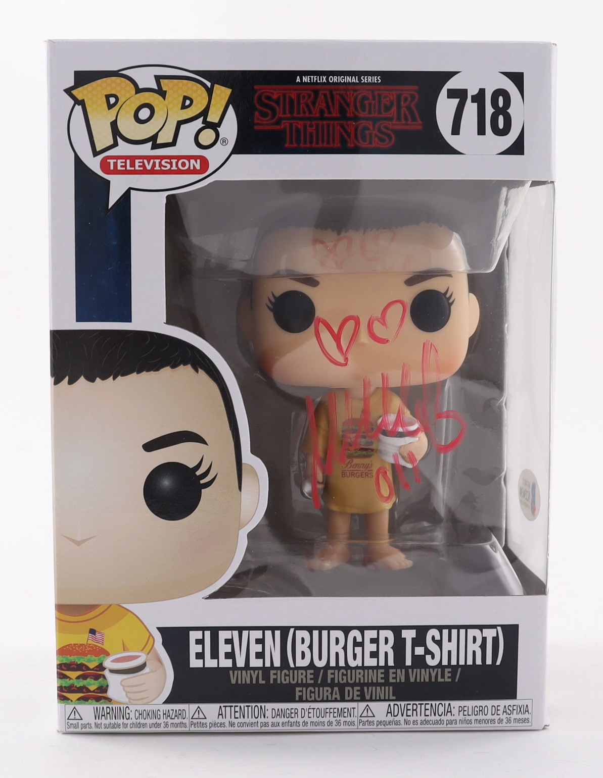 Millie Bobby Brown Signed "Stranger Things" #718 Eleven (Burger T-Shirt) Funko Pop! Vinyl Figure Inscribed "011" (Beckett COA) (See Description) at PristineAuction.com Millie Bobby Brown Signed "Stranger Things" #718 Eleven (Burger T-Shirt) Funko Pop! Vinyl Figure Inscribed "011" (Beckett COA) (See Description) at PristineAuction.com