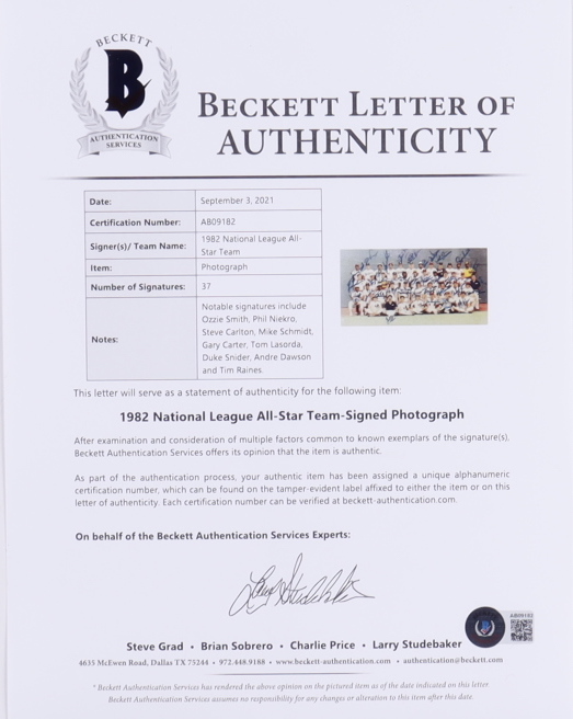 1982 National League All-Star Team Signed 15x19 Custom Framed Photo Display Signed by (35) with Ozzie Smith, Phil Niekro, Duke Snider, Tim Raines (Beckett LOA) (See Description) at PristineAuction.com 1982 National League All-Star Team Signed 15x19 Custom Framed Photo Display Signed by (35) with Ozzie Smith, Phil Niekro, Duke Snider, Tim Raines (Beckett LOA) (See Description) at PristineAuction.com