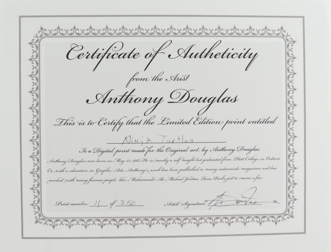 Anthony Douglas Signed "Ninja Turtles" LE 16x20 Custom Matted Print (PA LOA) at PristineAuction.com Anthony Douglas Signed "Ninja Turtles" LE 16x20 Custom Matted Print (PA LOA) at PristineAuction.com