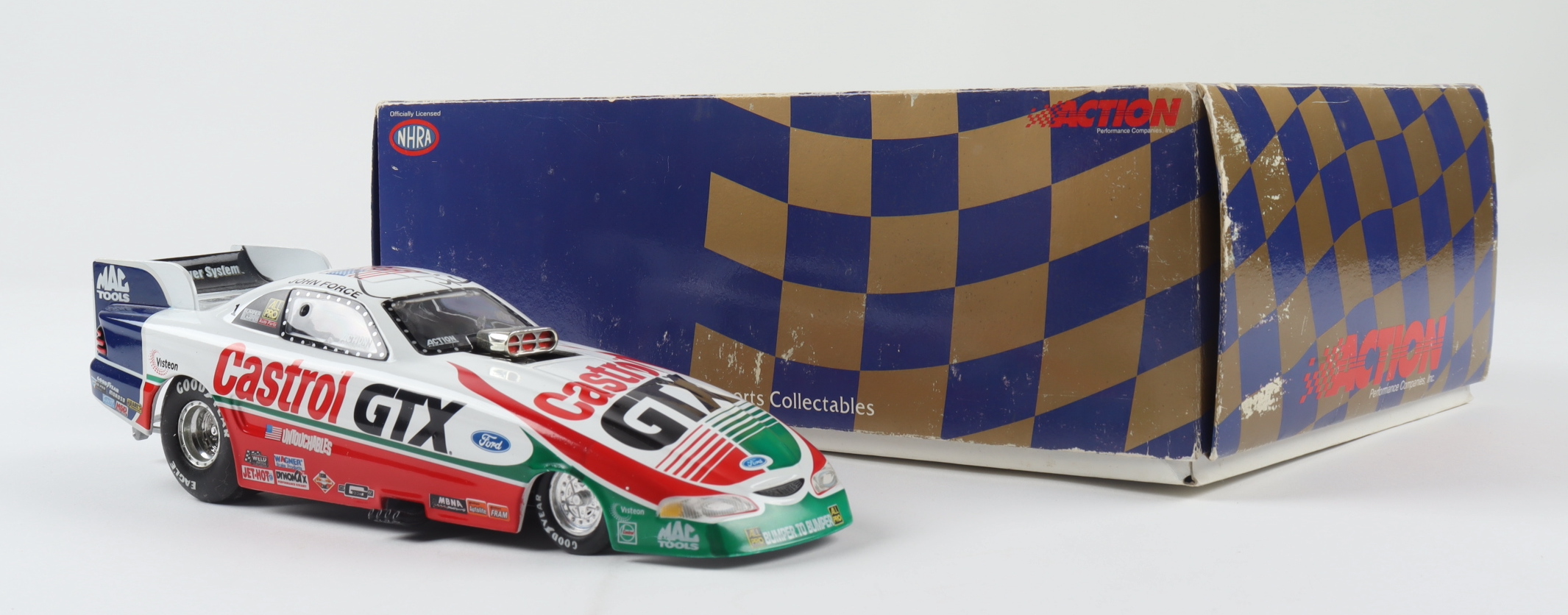 John Force Signed LE Castrol GTX 1998 Mustang Funny Car 1:24 Action Die Cast Car (Beckett COA) (See Description) at PristineAuction.com John Force Signed LE Castrol GTX 1998 Mustang Funny Car 1:24 Action Die Cast Car (Beckett COA) (See Description) at PristineAuction.com