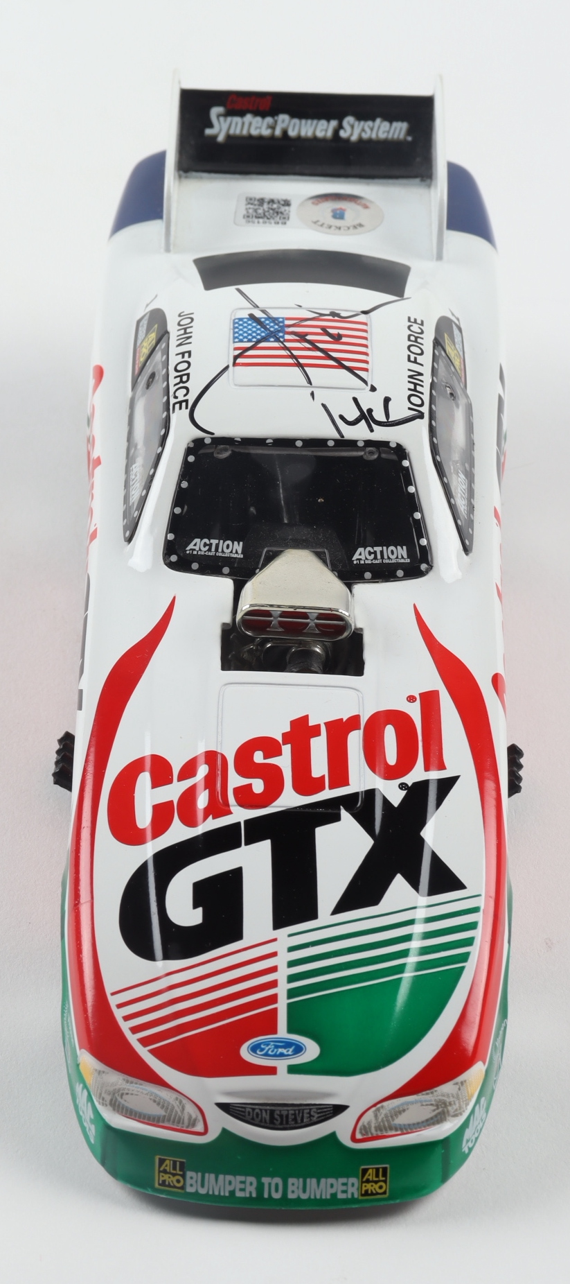 John Force Signed LE Castrol GTX 1998 Mustang Funny Car 1:24 Action Die Cast Car (Beckett COA) (See Description) at PristineAuction.com John Force Signed LE Castrol GTX 1998 Mustang Funny Car 1:24 Action Die Cast Car (Beckett COA) (See Description) at PristineAuction.com