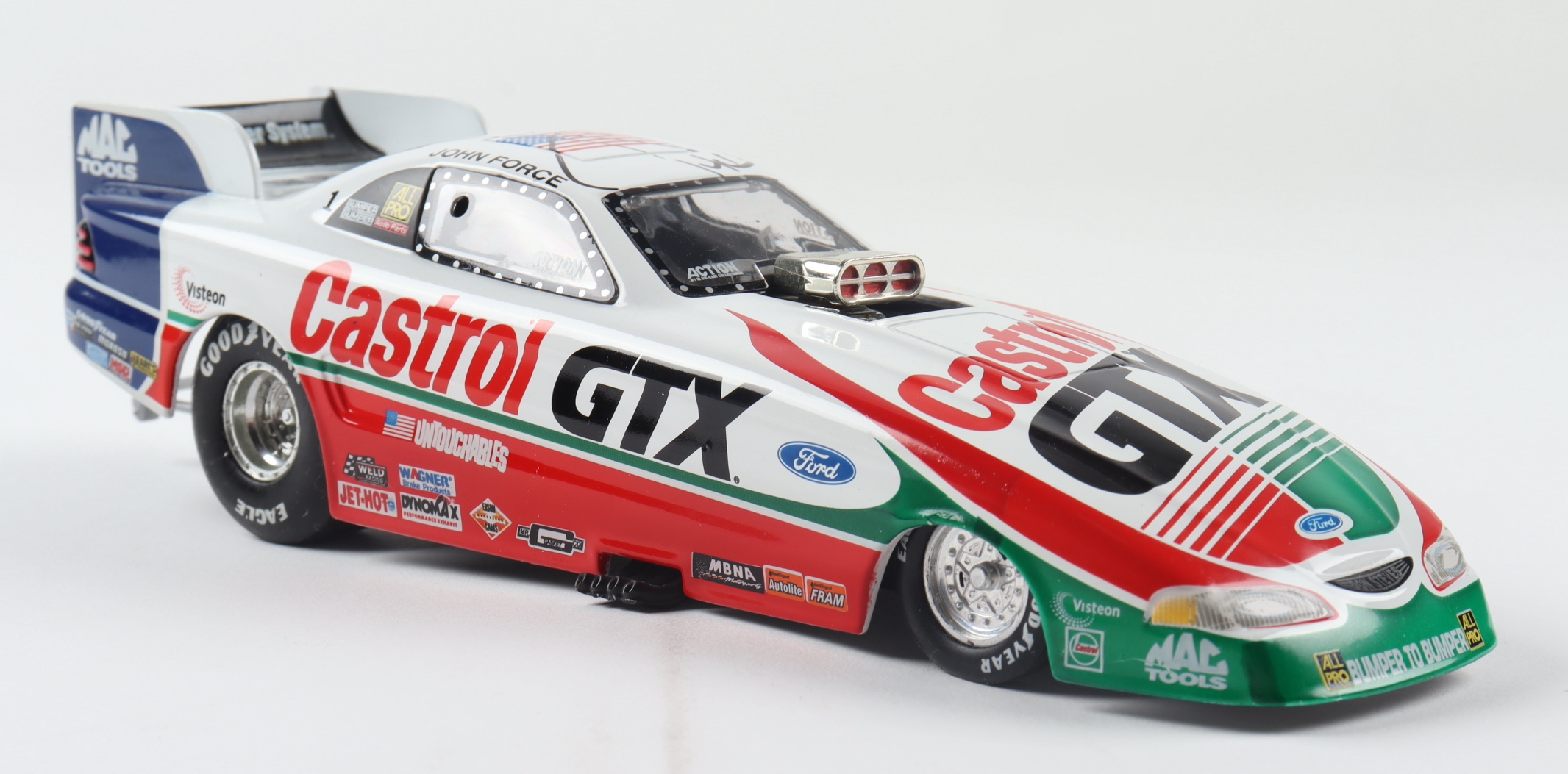 John Force Signed LE Castrol GTX 1998 Mustang Funny Car 1:24 Action Die Cast Car (Beckett COA) (See Description) at PristineAuction.com John Force Signed LE Castrol GTX 1998 Mustang Funny Car 1:24 Action Die Cast Car (Beckett COA) (See Description) at PristineAuction.com