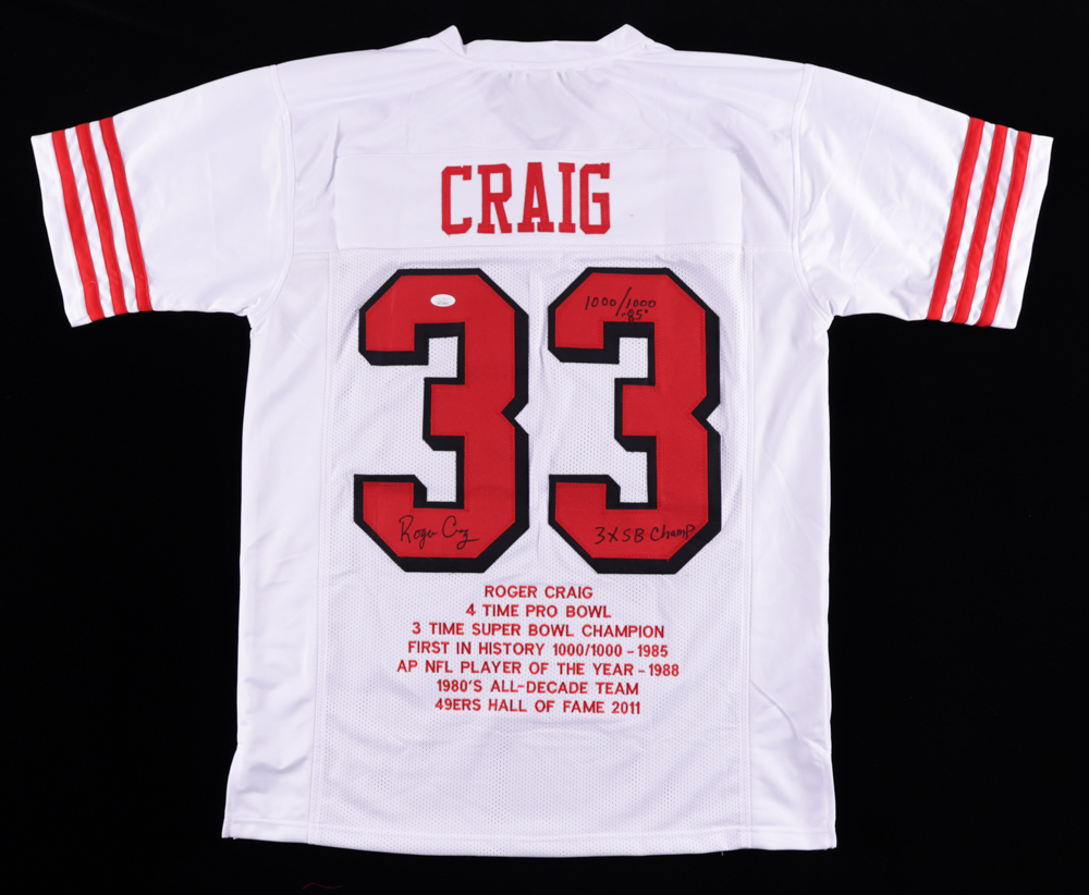 Roger Craig Signed Career Highlight Stat Jersey Inscribed "3x SB Champ" & "1000/1000 85" (JSA COA) (See Description) at PristineAuction.com Roger Craig Signed Career Highlight Stat Jersey Inscribed "3x SB Champ" & "1000/1000 85" (JSA COA) (See Description) at PristineAuction.com