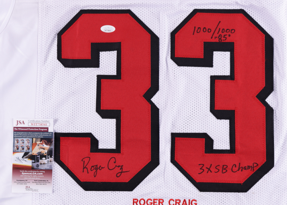 Roger Craig Signed Career Highlight Stat Jersey Inscribed "3x SB Champ" & "1000/1000 85" (JSA COA) (See Description) at PristineAuction.com Roger Craig Signed Career Highlight Stat Jersey Inscribed "3x SB Champ" & "1000/1000 85" (JSA COA) (See Description) at PristineAuction.com