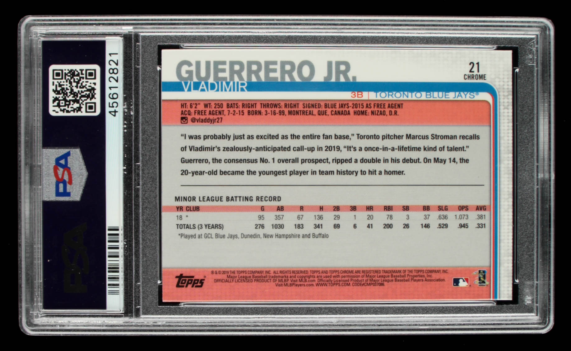 Vladimir Guerrero Jr. 2019 Topps Chrome Update #21 RC (PSA 10) at PristineAuction.com Vladimir Guerrero Jr. 2019 Topps Chrome Update #21 RC (PSA 10) at PristineAuction.com