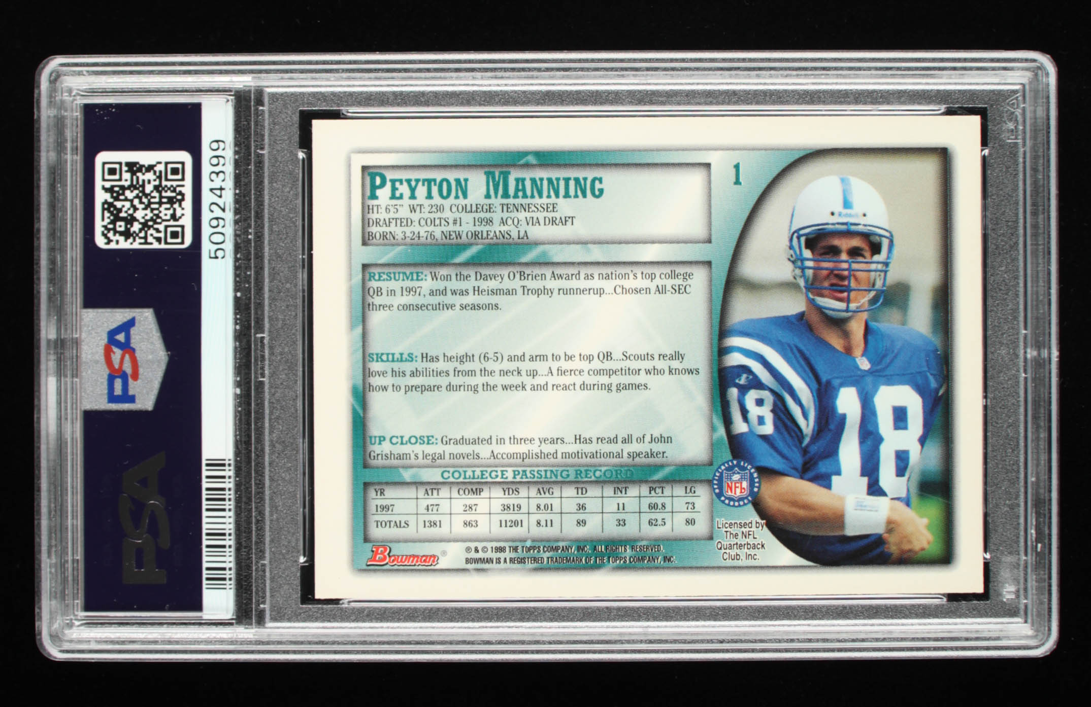 Peyton Manning 1998 Bowman RC #1 (PSA 8) at PristineAuction.com Peyton Manning 1998 Bowman RC #1 (PSA 8) at PristineAuction.com