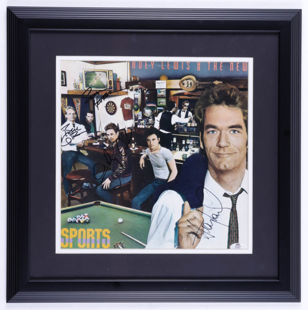 "Huey Lewis and the News" 19x19 Custom Framed Photo Band-Signed by (4) with Huey Lewis, Johnny Colla, Sean Hopper, & Bill Gibson (JSA COA) at PristineAuction.com "Huey Lewis and the News" 19x19 Custom Framed Photo Band-Signed by (4) with Huey Lewis, Johnny Colla, Sean Hopper, & Bill Gibson (JSA COA) at PristineAuction.com