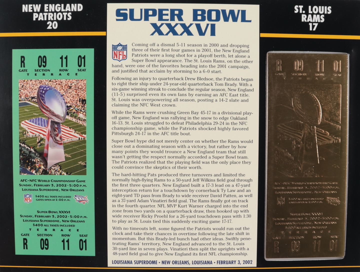 Super Bowl XXXVI Commemorative Scorecard with 22kt Gold Ticket at PristineAuction.com Super Bowl XXXVI Commemorative Scorecard with 22kt Gold Ticket at PristineAuction.com