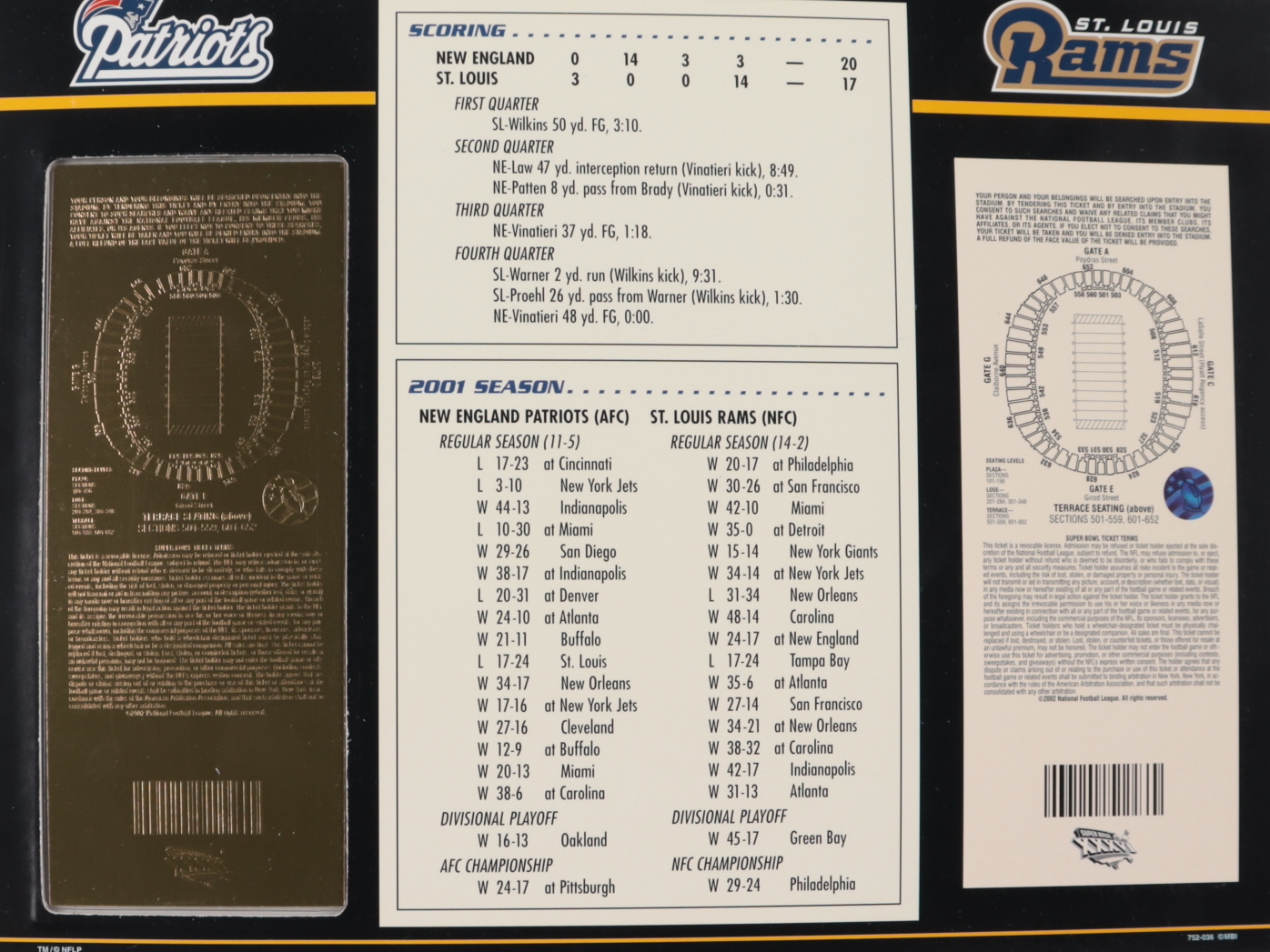 Super Bowl XXXVI Commemorative Scorecard with 22kt Gold Ticket at PristineAuction.com Super Bowl XXXVI Commemorative Scorecard with 22kt Gold Ticket at PristineAuction.com