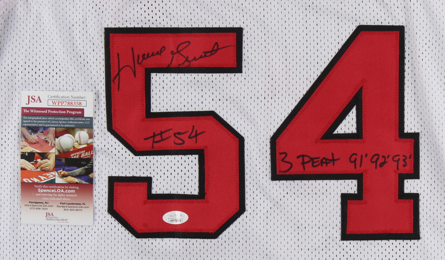 Horace Grant Signed Jersey Inscribed "3 Peat Champs" & "91', 92', 93'" (JSA COA) (See Description) at PristineAuction.com Horace Grant Signed Jersey Inscribed "3 Peat Champs" & "91', 92', 93'" (JSA COA) (See Description) at PristineAuction.com
