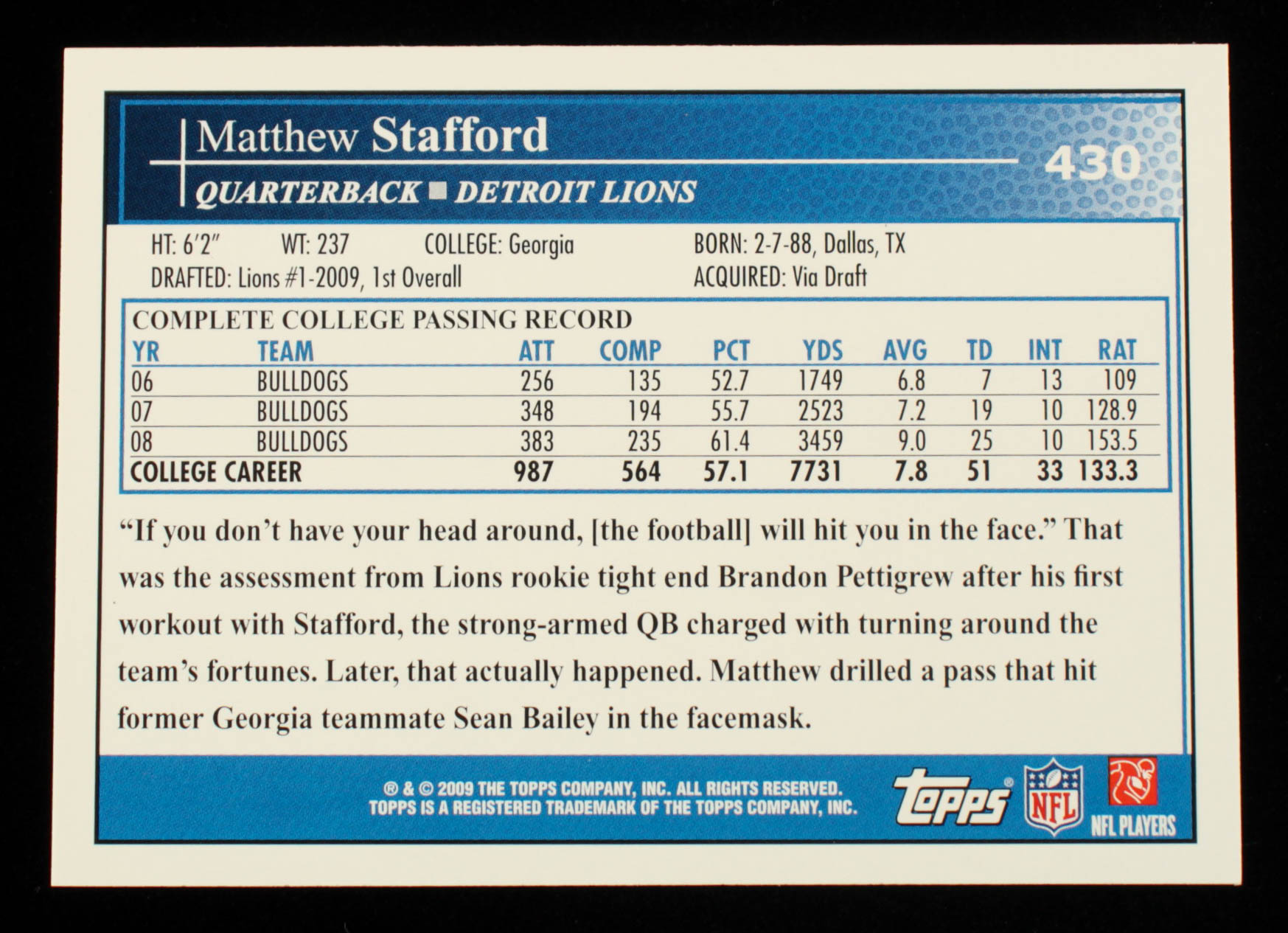 Matthew Stafford 2009 Topps #430A RC at PristineAuction.com Matthew Stafford 2009 Topps #430A RC at PristineAuction.com