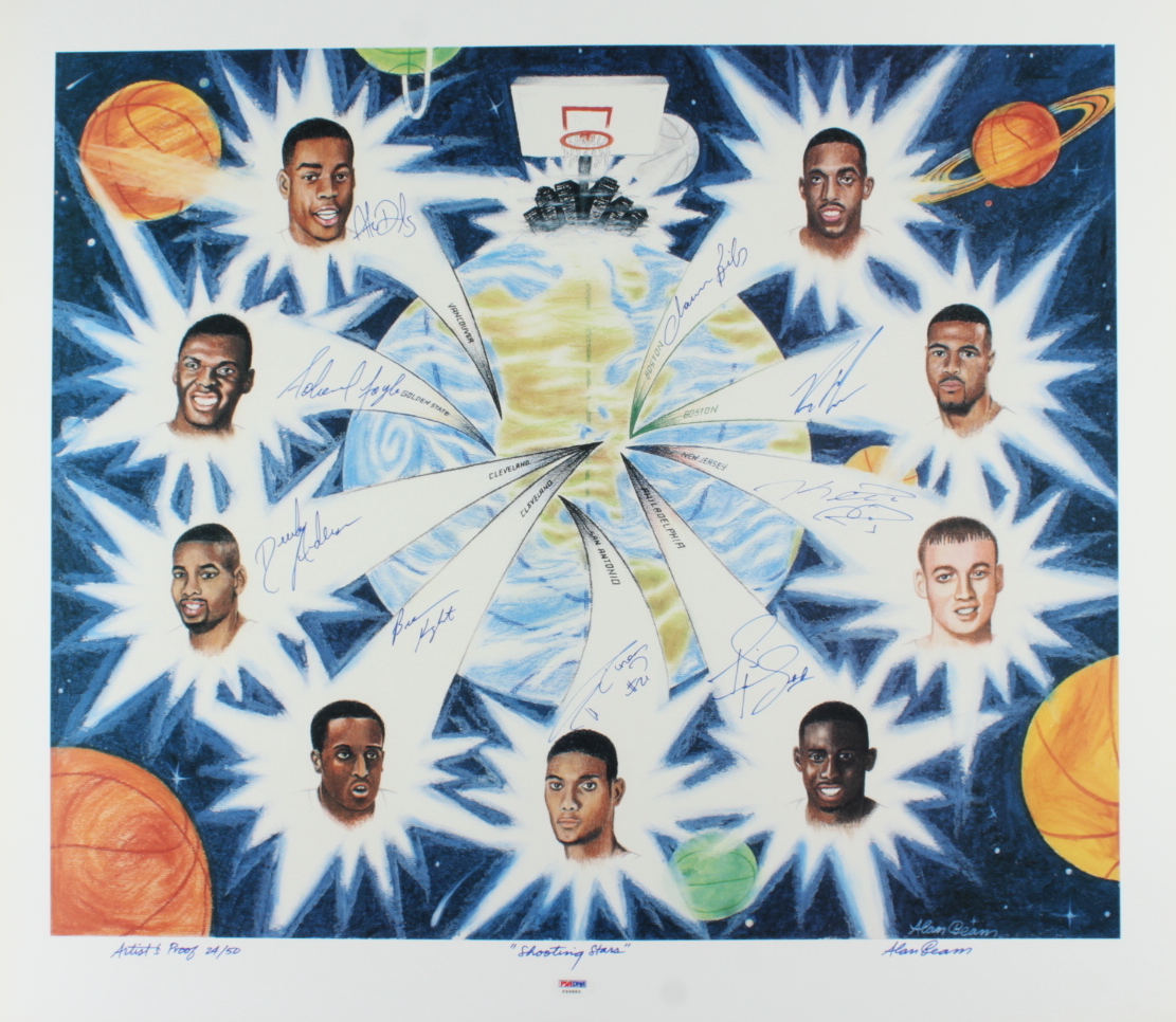 "Shooting Stars" 23.5x26.5 LE Lithograph Signed by (9) with Tim Duncan, Chauncey Billups, Keith Van Horn, Tim Thomas (PSA COA) at PristineAuction.com "Shooting Stars" 23.5x26.5 LE Lithograph Signed by (9) with Tim Duncan, Chauncey Billups, Keith Van Horn, Tim Thomas (PSA COA) at PristineAuction.com