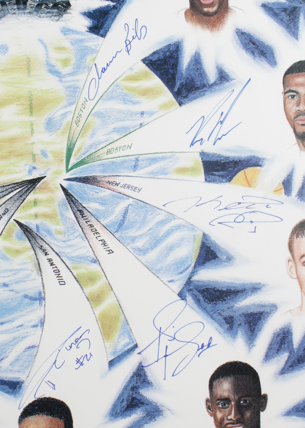 "Shooting Stars" 23.5x26.5 LE Lithograph Signed by (9) with Tim Duncan, Chauncey Billups, Keith Van Horn, Tim Thomas (PSA COA) at PristineAuction.com "Shooting Stars" 23.5x26.5 LE Lithograph Signed by (9) with Tim Duncan, Chauncey Billups, Keith Van Horn, Tim Thomas (PSA COA) at PristineAuction.com