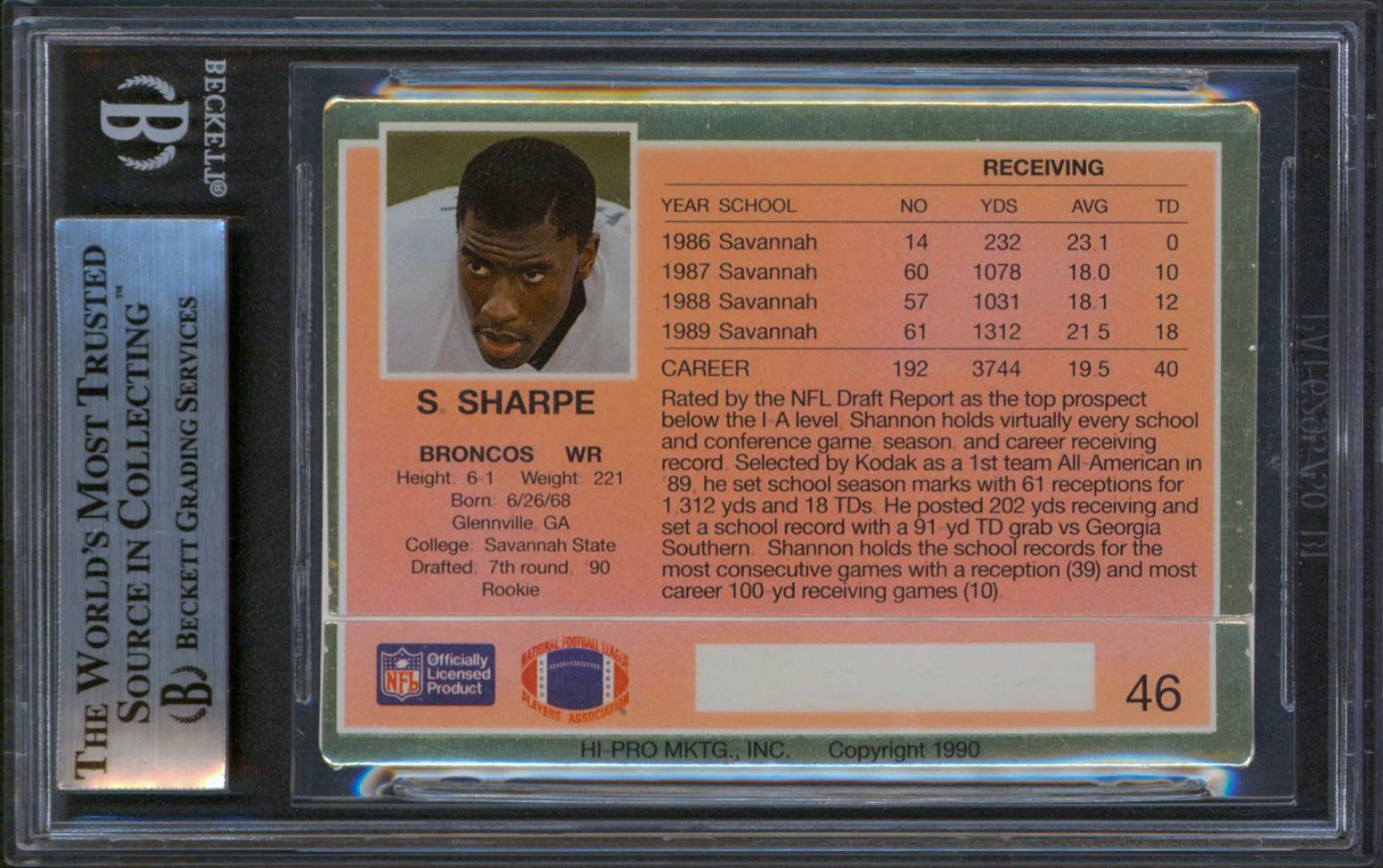Shannon Sharpe Signed 1990 Action Packed Rookie Update #46 RC (BGS Encapsulated) at PristineAuction.com Shannon Sharpe Signed 1990 Action Packed Rookie Update #46 RC (BGS Encapsulated) at PristineAuction.com