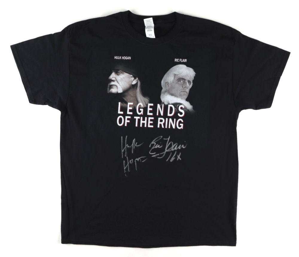 Hulk Hogan & Ric Flair Signed Legends of The Ring Shirt Inscribed "16x" (JSA COA) at PristineAuction.com Hulk Hogan & Ric Flair Signed Legends of The Ring Shirt Inscribed "16x" (JSA COA) at PristineAuction.com