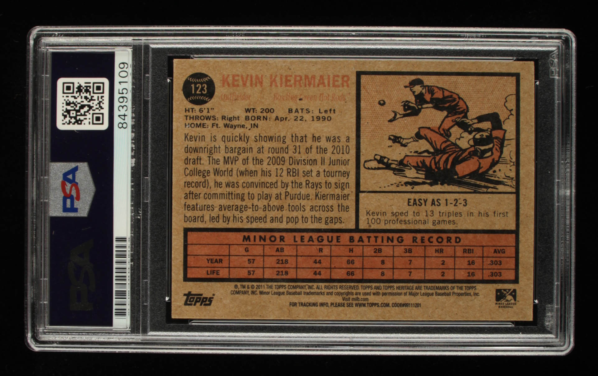 Kevin Kiermaier Signed 2011 Topps Heritage Minors #123 (PSA Encapsulated) at PristineAuction.com Kevin Kiermaier Signed 2011 Topps Heritage Minors #123 (PSA Encapsulated) at PristineAuction.com