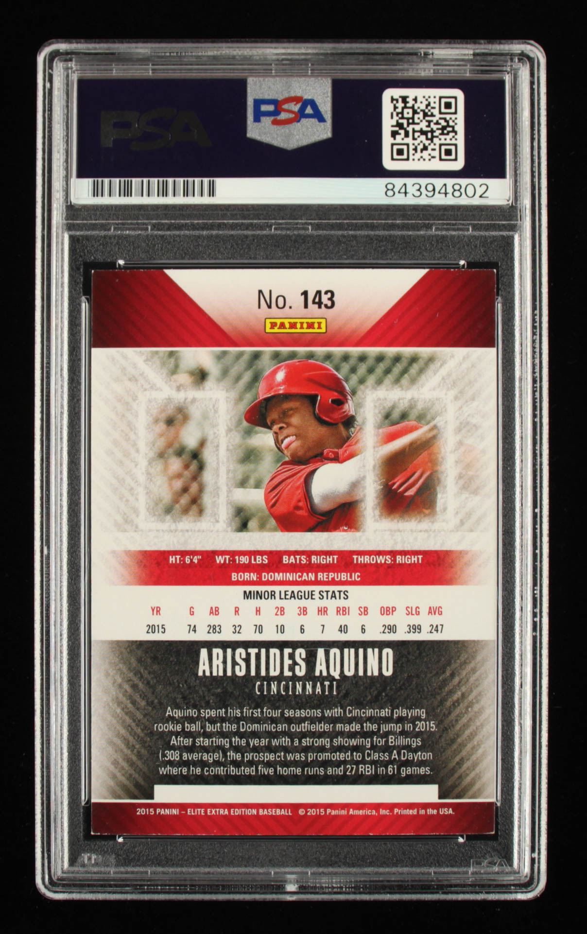 Aristides Aquino Signed 2015 Elite Extra Edition #143 (PSA Encapsulated) at PristineAuction.com Aristides Aquino Signed 2015 Elite Extra Edition #143 (PSA Encapsulated) at PristineAuction.com