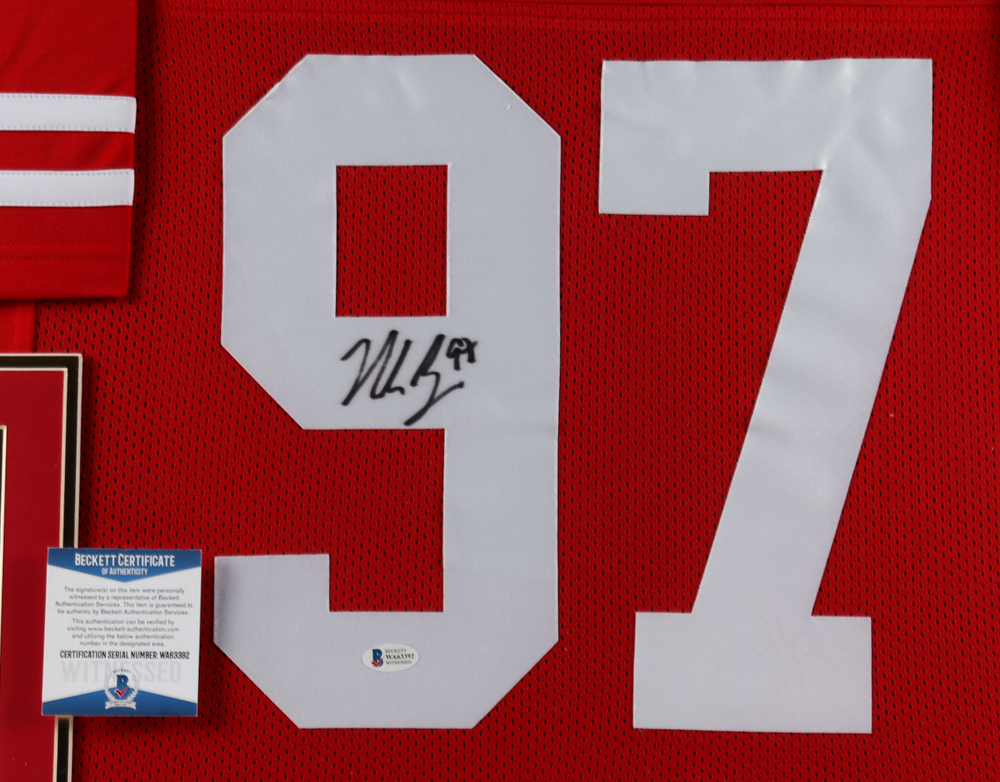 Nick Bosa Signed 35x43 Custom Framed Jersey Display (Beckett COA) at PristineAuction.com Nick Bosa Signed 35x43 Custom Framed Jersey Display (Beckett COA) at PristineAuction.com